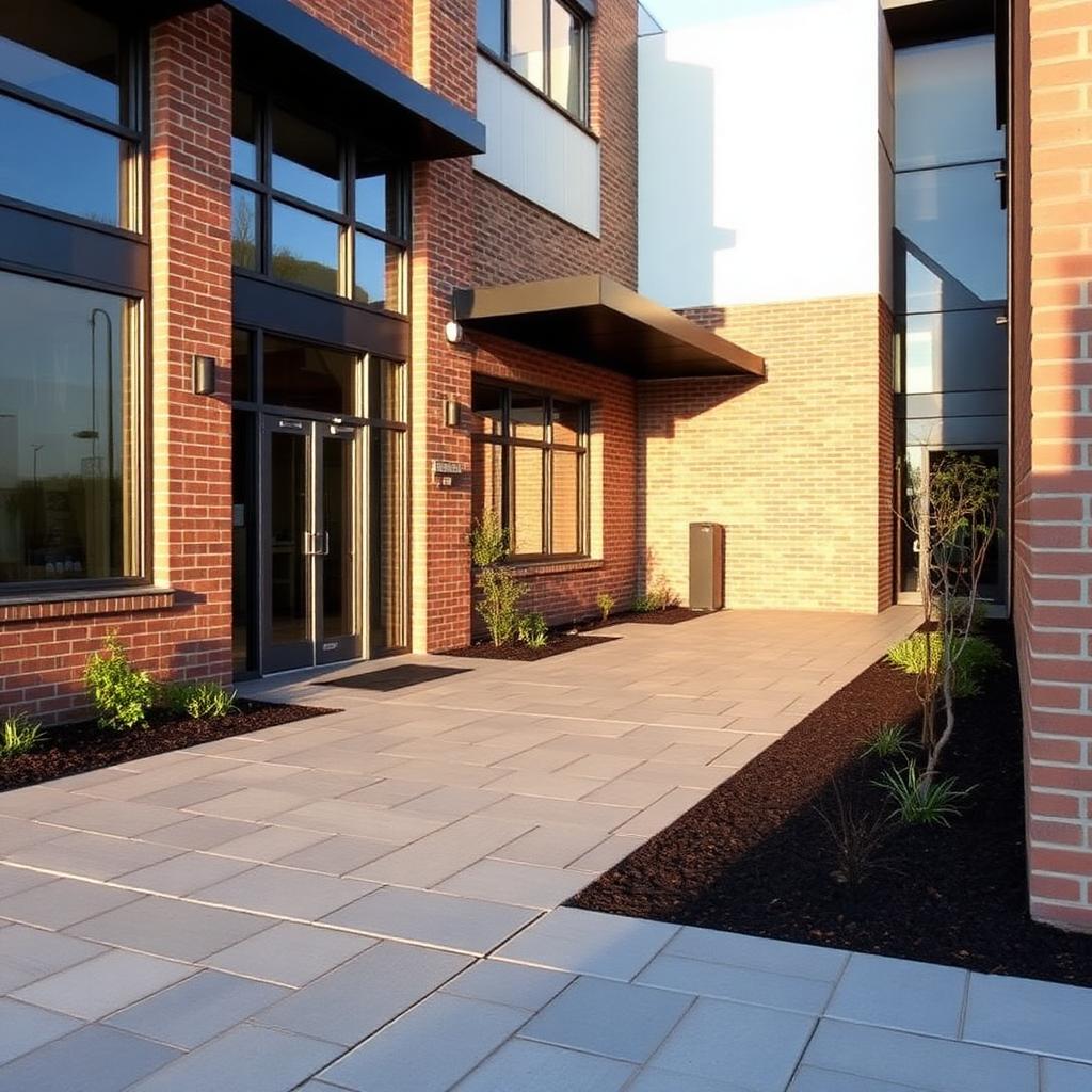 New paving and landscaping completed outside a commercial property