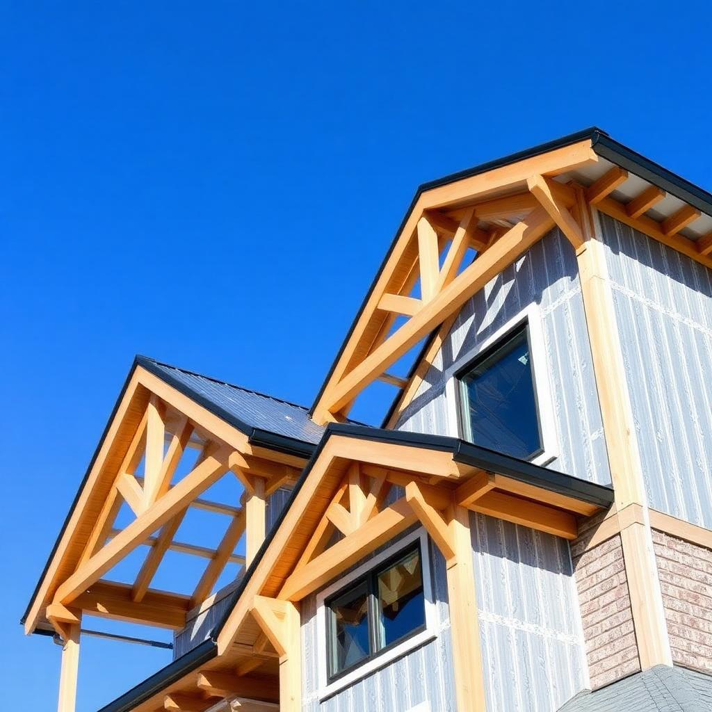 Timber roof trusses installed on a residential home